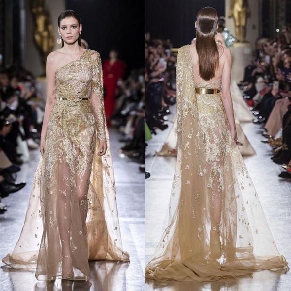 Elie Saab 2019 Abendkleider Goldapplikationen One Shoulder Long Sleeve Rückenfreie Ballkleider Formelles Kleid für besondere Anlässe Abendklei307J