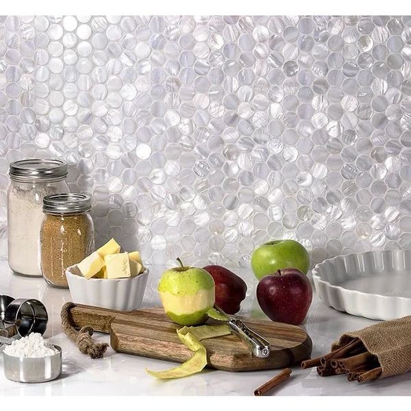 Adesivos de parede redondos mãe branca de pérola shell mosaico placemat adesivo cozinha banheiro fundo decoração natural 231010