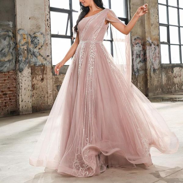 Vestidos de festa cocktail delia blush rosa pesado frisado um ombro uma linha com mangas compridas capa froaty saia casamento noite vestido formal