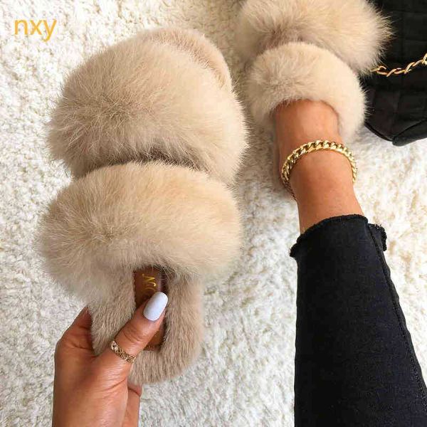 Chinelo Peludo Slide Mulheres Faux Rabbit Fur Slipper Fluffy Plush House Anti Slip Flat Sandal Feminino Home Shoe 220723