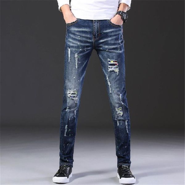 2020 Mode Lässige Jeans Herren Gerade Stretch Dot Craft Little Feet Skinny Jens Männer Scratched Blue Hole Denim Tide Hosen ES6862407