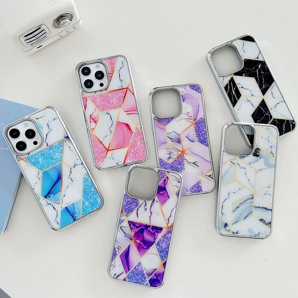 Capas de chapeamento de mármore para iPhone 15 Plus 14 Pro Max 13 Samsung A54 A34 A14 5G A24 A53 A13 S23 Ultra S22 S21 Luxo Rock Stone Bling Cromado Galvanizado Hard PC TPU Capa