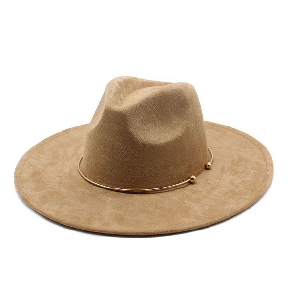 Chapéus fedora de camurça para mulheres, 9.5cm de aba larga, chapéu de cowboy ocidental panamá, círculo dourado, masculino, outono inverno, jazz, igreja, sombrero