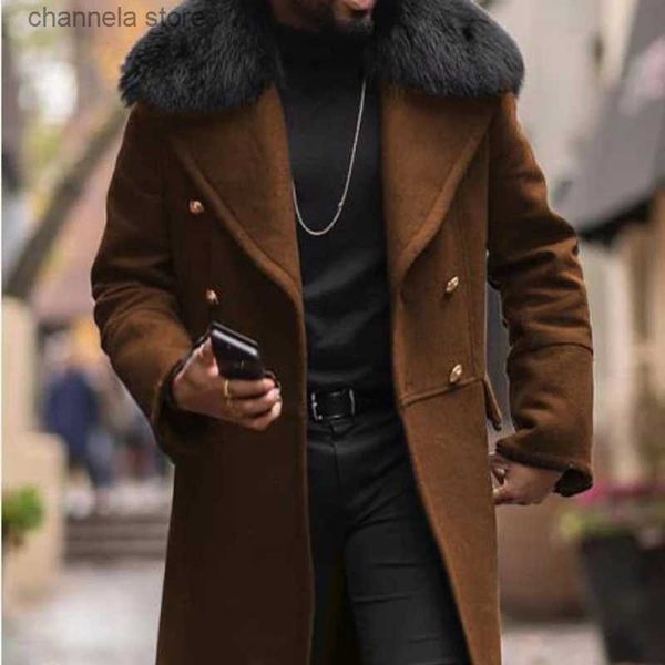 Misturas de lã masculina casaco masculino casual lã cor sólida fino ajuste duplo fileira botão marrom bolso lateral jaqueta casaco coreano masculino t231011
