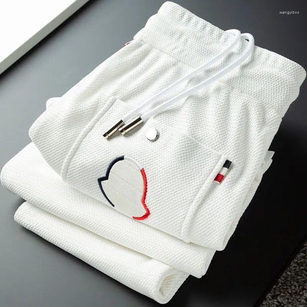 Calças masculinas Ice Silk Jacquard Xadrez Slim Fit Esportes Protetores High End Versátil Branco Leve Luxo