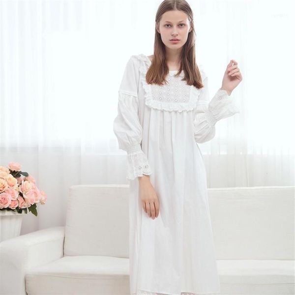 Estilo europeu marca feminina doce plissado vestido de dormir branco retro manga longa princesa algodão puro vintage camisola sleepwear11201f