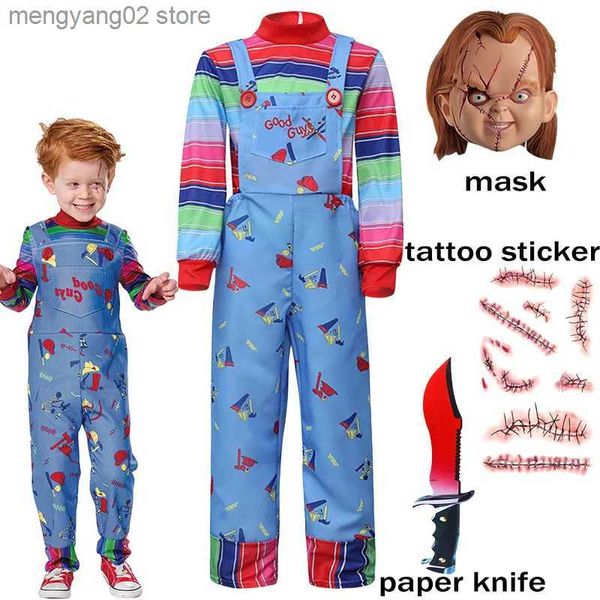 Tema Traje Filme Chucky Cosplay Come Child S Play Cosplay Camisa Macacão Conjunto Completo Adereços Máscara Tatuagem Adesivo Halloween Vem para Crianças T231011