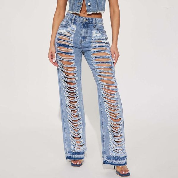 Jeans da donna Pantaloni a zampa di elefante sexy da donna a vita alta strappati pantaloni di jeans blu elasticizzati scavati pantaloni da cowboy larghi casual streetwear