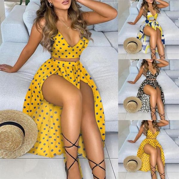 Vestidos casuais mulheres floral impressão longa praia vestido define férias v pescoço sólido colheita top sheer alta fenda maxi saia terno duas peças ve2215