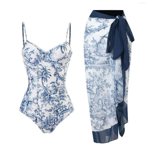 Mulheres Swimwear 2023 Europa e Estados Unidos One-Peça Swimsuit Mulheres Conservador Slim Retro-Impresso Suporte de Aço Hard Bag