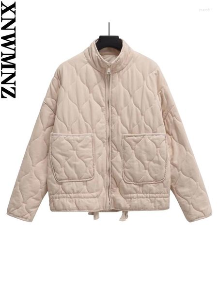 Damen-Trenchmäntel XNWMNZ Mode 2023 Herbst/Winter Warme Wattierte Jacke Frauen Vintage Stehkragen Tasche Reißverschluss Saum Kordelzug Weiblichen Mantel