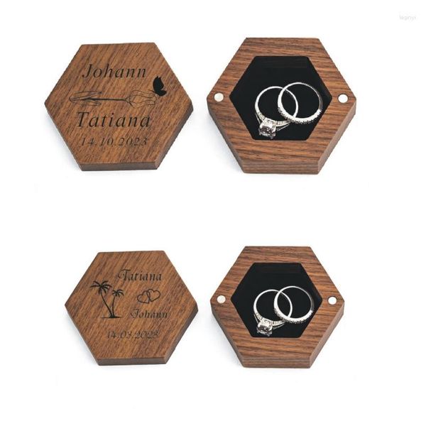 Envoltório de presente personalizado caixa de jóias de madeira anel de casamento hexagonal