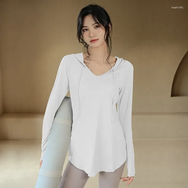 Camicie attive Camicia da yoga a maniche lunghe con cappuccio Donna Autunno Inverno Casual Allentata T-shirt da corsa ad asciugatura rapida Tinta unita Abiti da allenamento con scollo a V