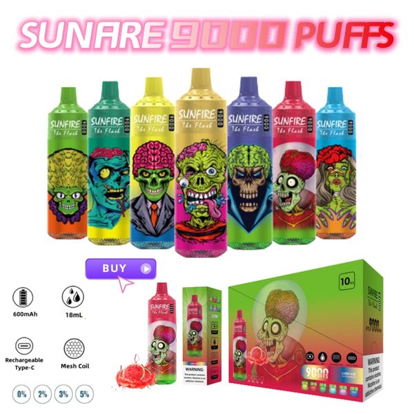 Thailand Vapes Sunfire Tornado 9000 Puffs Einweg E -Zigaretten Vape 18ml Mesh Spule 600mAh Batterie 0% 2% 3% 5% wiederaufladbare elektronische Zigarien kostenfreies Schiff 20 Aromen üppiger Eispunkte