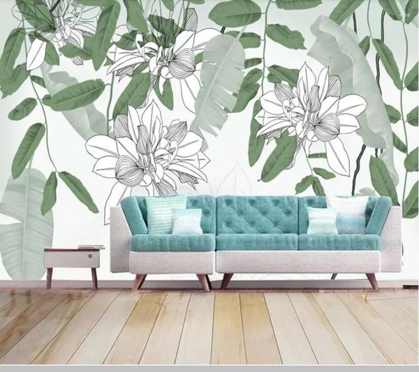 Wallpapers papel de parede mão desenhada planta tropical folhas pintura 3d papel de parede sala de estar tv sofá quarto papéis decoração de casa