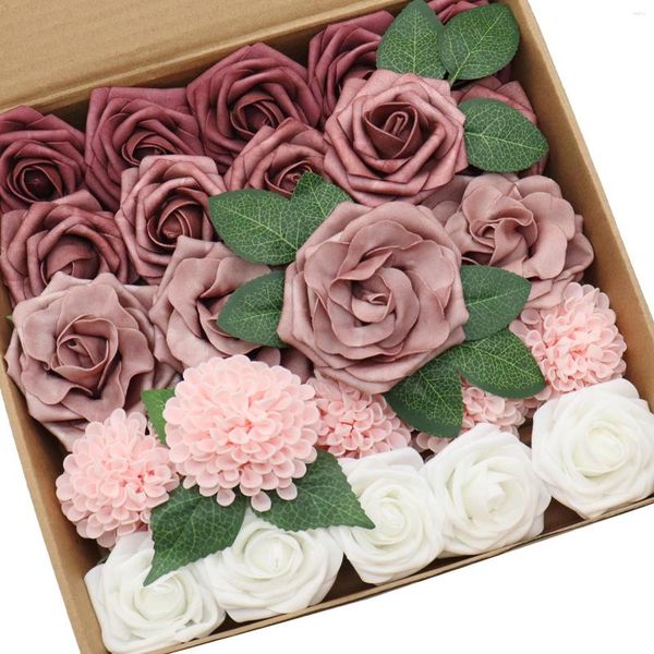 Flores decorativas d-sete artificial delicado empoeirado rosa combinação para buquês de casamento diy peças centrais do chuveiro de noiva arco floral
