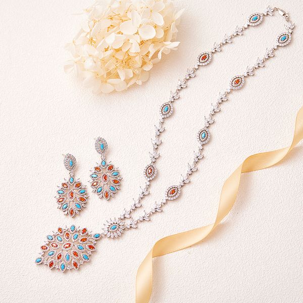 Coleção de designers moda estilo colar brincos mulheres senhora inlay zircão cúbico diamante azul turquesa pingente banhado a ouro cor conjuntos de jóias