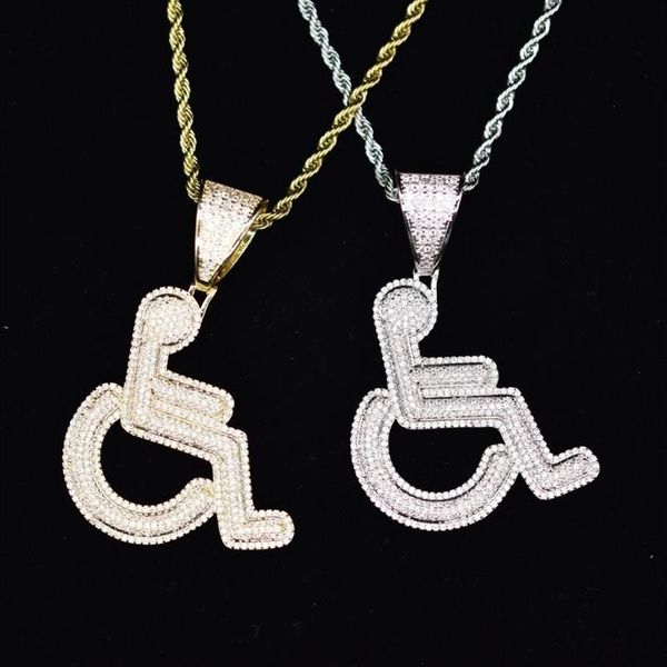 Anhänger Halsketten Iced Out Behinderte Rollstuhl Logo Halskette Gold Silber Farbe Bling CZ Kristall Hip Hop Rapper Kette Für Männer frauen2019