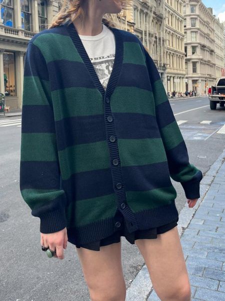 Malhas femininas outono malha cardigan manga longa decote em v botão listra preppy kawaii suéter preto verde topo