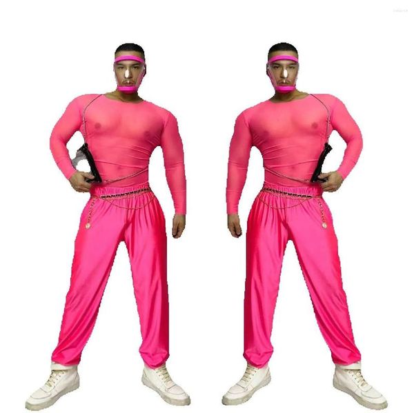 Palco desgaste adulto masculino hip hop roupas de dança boate fluorescência rosa sexy malha tops calças gogo traje festa bar rave outfit