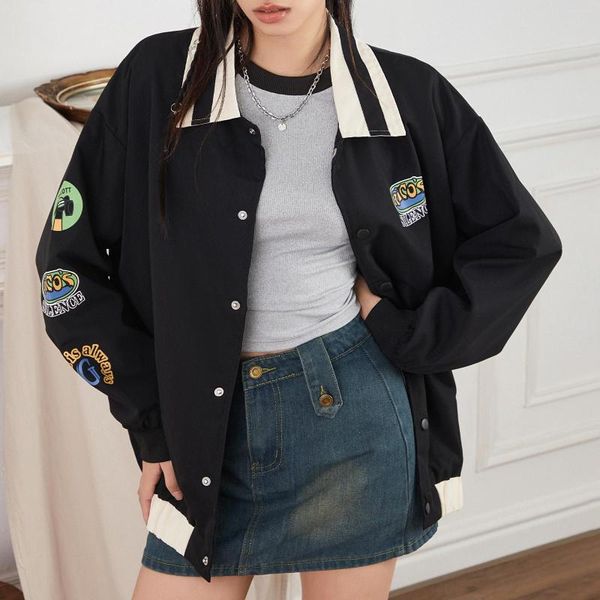 Jaquetas femininas Puloru Vintage Beisebol Outono Street Style Manga Longa Lapela Botões Bordados Patch Coats Bomber Outerwear