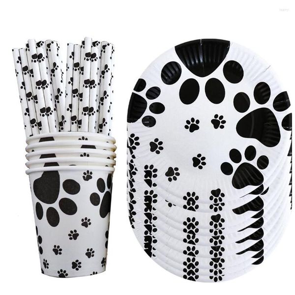 Decoração de festa preto branco filhote de cachorro animal de estimação aniversário suprimentos balão placas de papel copo guardanapos canudos conjunto de utensílios de mesa