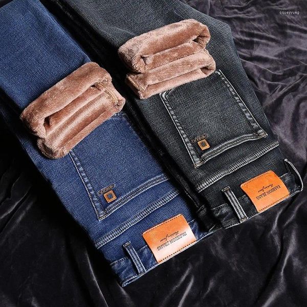 Jeans masculinos 2023 sulee lã quente estilo clássico de alta qualidade algodão fino ajuste denim estiramento calças cinza escuro marca calças