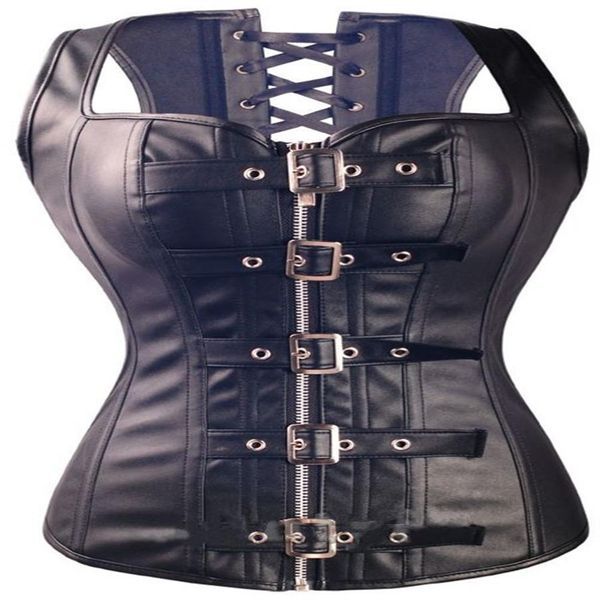 Corsetto in pelle nera con cerniera Corsetti e bustini Fibbia overbust in ecopelle da donna Corsetto taglie forti Perizoma Steampun177P