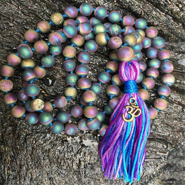 Colares de pingente 8mm 108bead cor hematita colar atado com borlas Religioso Clássico Yoga Tibetano Spiritua Oração Budismo Mala 231010