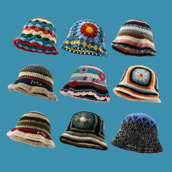 Cappelli a tesa larga Cappelli a secchiello Carino Dopamine Wind Cappello a secchiello lavorato a maglia fatto a mano giapponese all'uncinetto Arcobaleno Rombo Plaid Secchio di lana Cappello a bacino invernale Cappello a secchiello 231010