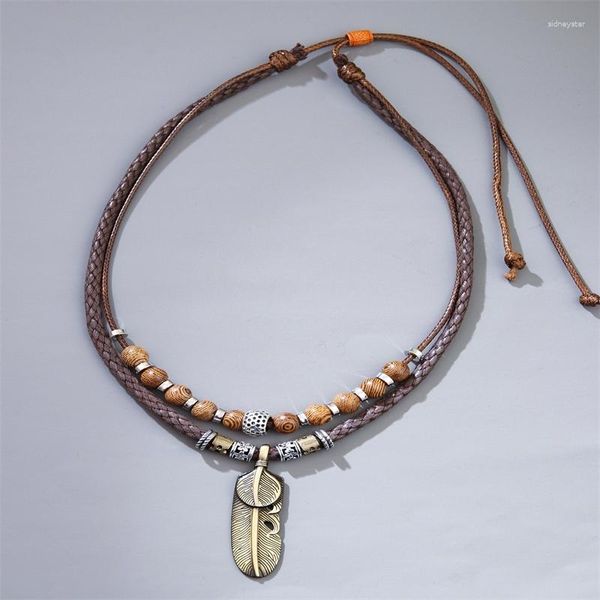 Anhänger Halsketten Seil Halsband Schwarz Braun Leder Halskette Antik Farbe Federform Charm Mehrschichtige Kette