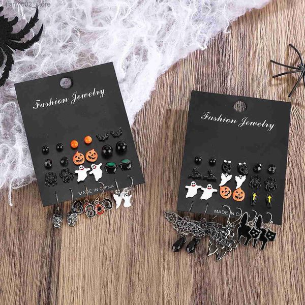 Outros acessórios de moda Brincos de Halloween personalidade quente diversão Crow bruxa abóbora crânio 12 pares de brincos de cartão para mulheres Q231011