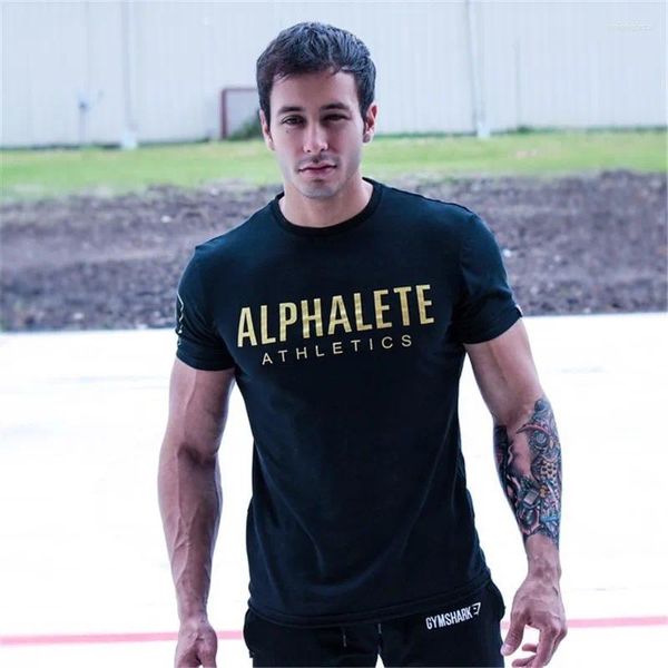 Homens camisetas Alphalete 2023 Mens Ginásios Camisa Crossfit Fitness Musculação Impresso Moda Masculino Curto Algodão Roupas Marca Tee Tops