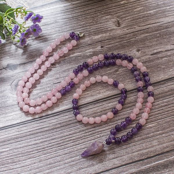 Girocolli 8mm Ametista Perle di quarzo rosa 108 Collana Mala Meditazione Yoga Preghiera Gioielli Japamala Set con ciondolo per donna 231010