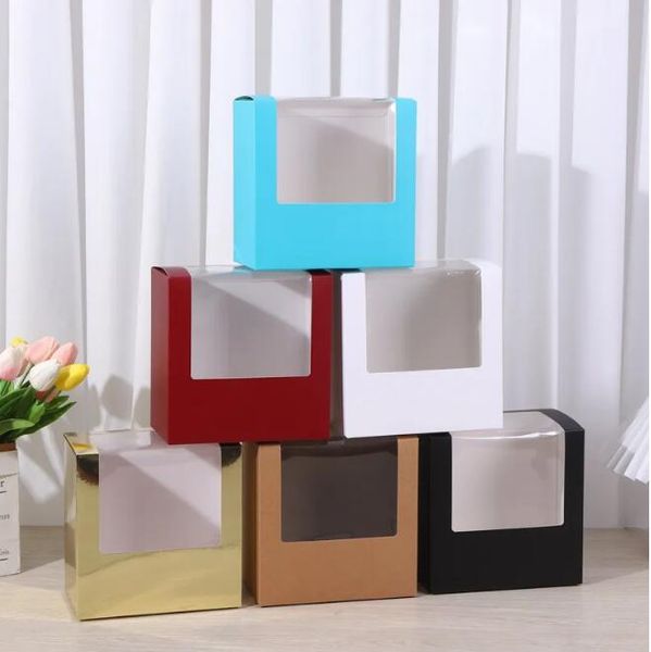 Caixa de papel kraft colorida com janela para embalagem de chapéu, bolo, biscoitos, doces, caixa de presente, atacado