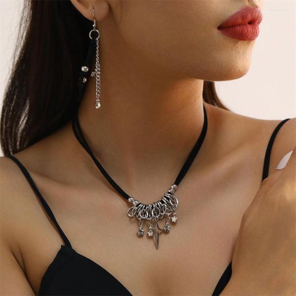 Collana orecchini set colore argento stelle geometriche collane con ciondolo nappa per le donne moda retrò girocolli in tessuto di velluto nero gioielli