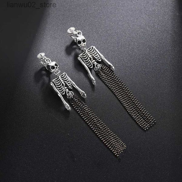 Outros acessórios de moda Retro Skeleton Head Mermaid Skeleton Ear Clip Mulheres Halloween Personalizado Punk Long Chain Tassel Earless Brincos Q231011