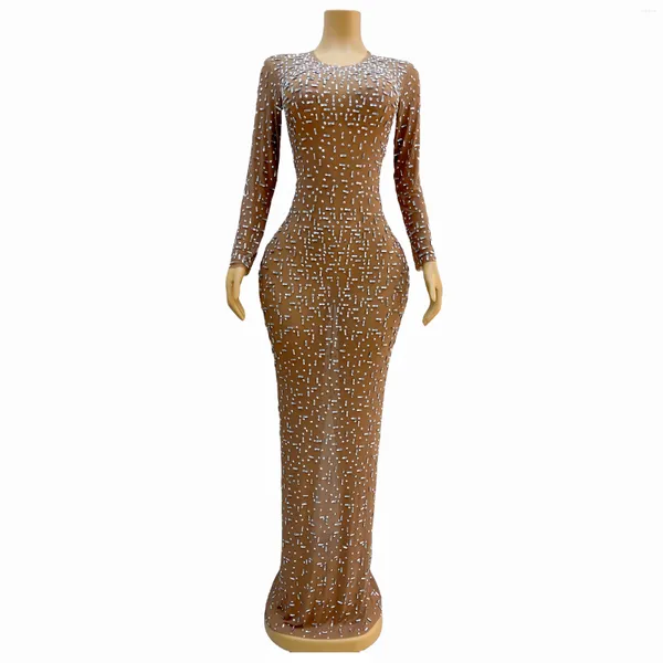 Palco desgaste brilhando prata strass nude malha transparente mangas compridas vestido aniversário celebrar sexy baile ver através da roupa bailian