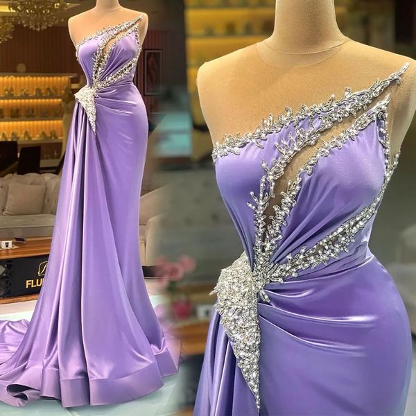 Abiti da sera Lavanda Ballo di fine anno Abito da festa Piega Formale Personalizzato Taglie forti Nuova Cerniera Allacciatura Sirena Senza maniche Raso Paillettes Perline Cristallo O-Collo Illusione