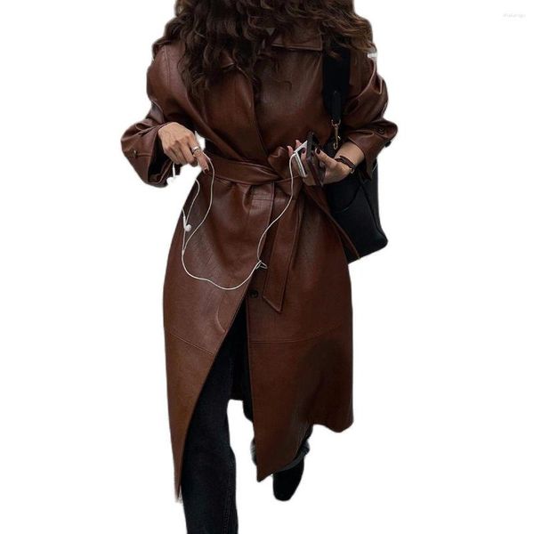 Giacche da donna Autunno e inverno Moda retrò di nicchia risvolti Sciolti casual caldi lunghi in pelle da donna Street Wind Cappotto con cinturino in tinta unita.