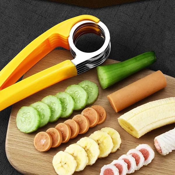 Frutas vegetais ferramentas banana slicer salsicha cortador de aço inoxidável salada sundaes cozinhar acessórios cozinha 231011