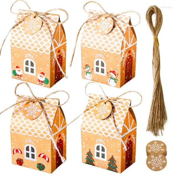 Weihnachtsdekorationen 4 Sätze Haus Geschenkbox Kraftpapier Süßigkeiten Weihnachtsmann Schneemann Weihnachtsbaum Verpackung Taschen mit Schneeflocke Tags Seil