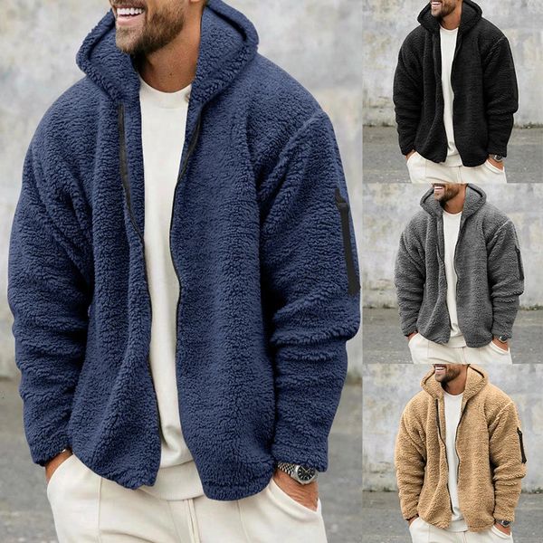 Herrenjacken Freizeitoberbekleidung Herren Wollmantel Lässiger Reißverschluss mit Kapuze für Herren Herbst Winter Fleece-Outfits Mode Lose reine Farbjacke 231011