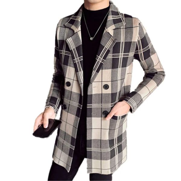 Herrenjacken 2023 Männer Umlegekragen Wollstrickpullover Trenchcoat / Männliche Zweireiher-Passform Woolen Plaid Lässige lange Windjacke 231011