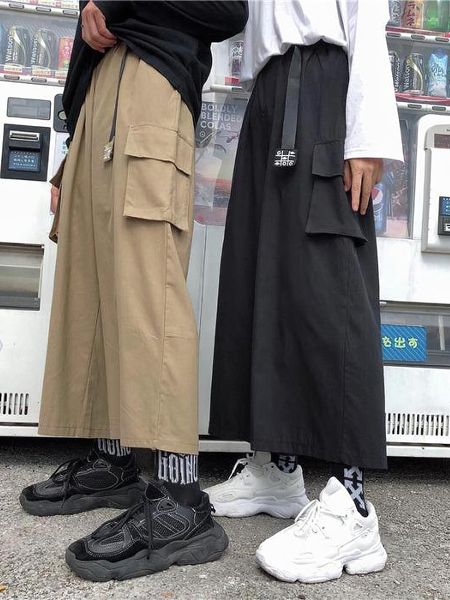 Pantaloni da uomo coreano dritto larghi gamba larga cargo slim fit vita alta casual pantaloni sottili alla caviglia con cintura streetwear 2023