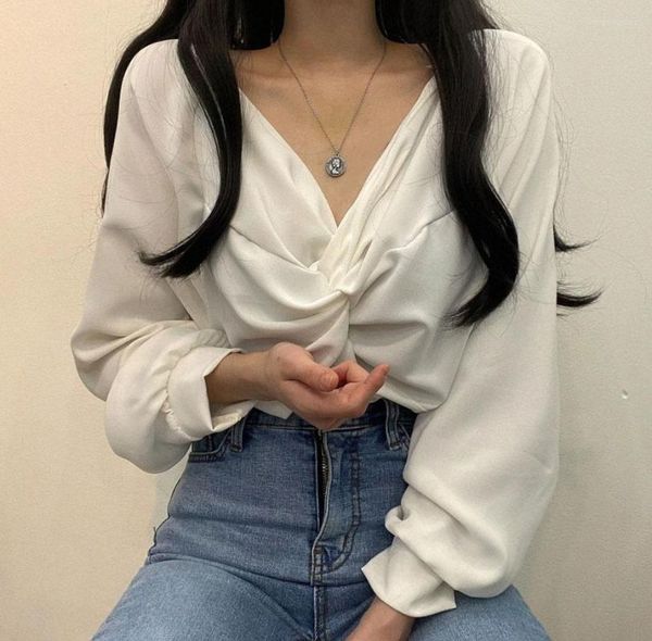 Mulheres Camisetas Coreia do Sul Chic Primavera Francês Temperamento Dobre V-Pescoço Kink Design Solto Casual Cor Sólida Camisa de Manga Comprida Top