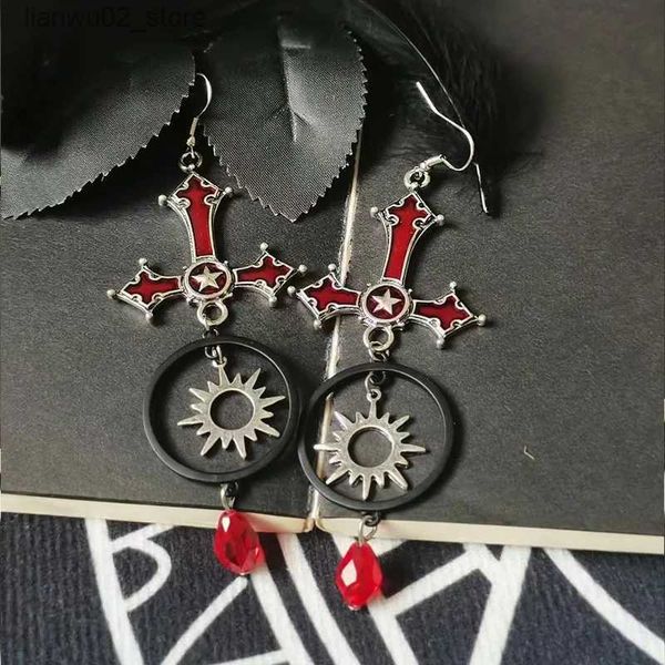 Outros acessórios de moda Halloween Drop Cross Sun Long Brincos para Mulheres Steampunk Gótico Vermelho Óleo Prata Cor Cristal Acessórios de Orelha Jóias VGE206 Q231011