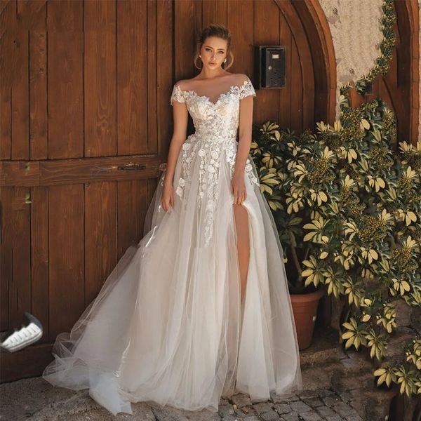 Abiti da sposa Boho per le donne 2023 Tulle Applique in pizzo Fiore 3D fessura alta Abito da sposa sexy Abiti da sposa