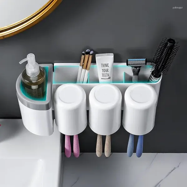 Conjunto acessório de banho Punch-Free Dust-Proof Toothbrush Holder Dispensador automático de pasta de dentes com copo Rack de armazenamento de higiene pessoal e banheiro