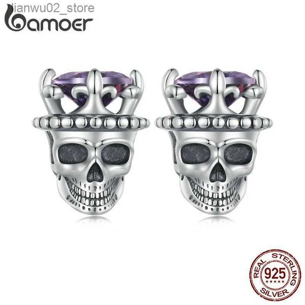 Outros acessórios de moda Bamoer 925 Sterling Silver Retro King of Skull Stud Brincos Esqueleto Brincos para Mulheres Halloween Fine Jewelry BSE892 Q231011